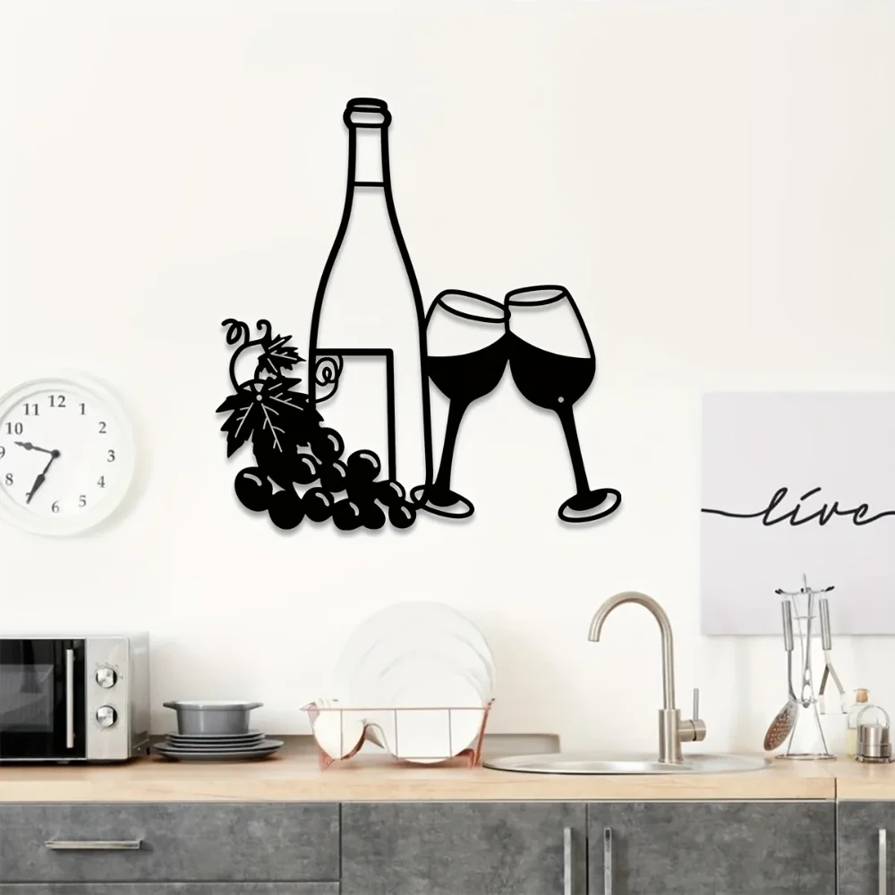 1pc, Elegant Metal Wine Bottle and Glass Wall Decor for Indoor and Outdoor Use - Perfect for Living Room, Bedroom, and Kitchen
