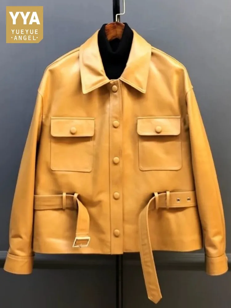 British Style Square Neck Solid Color Genuine Leather Jacket Loose Long Sleeve Sheepskin Single Breasted Pocket Sashes Lady Coat