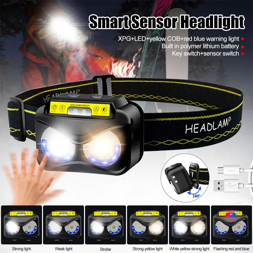 

Multifunction Sensor Headlight LED Head Light USB Rechargeable Headlamp Head Torch Flashlight Waterproof for Camping Hiking