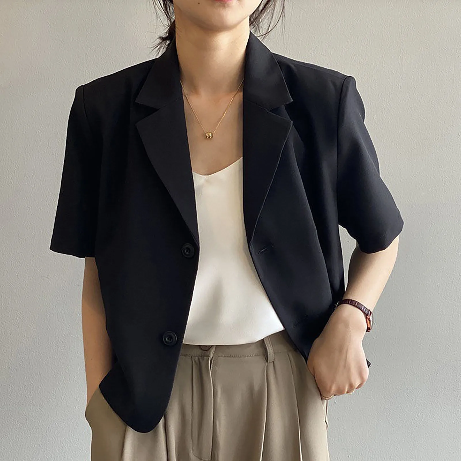 Summer Thin Short Sleeve Suit Jacket Women Fashion Loose Single Breasted Lapel Tops Y2K Solid Office Lady All Match Coats