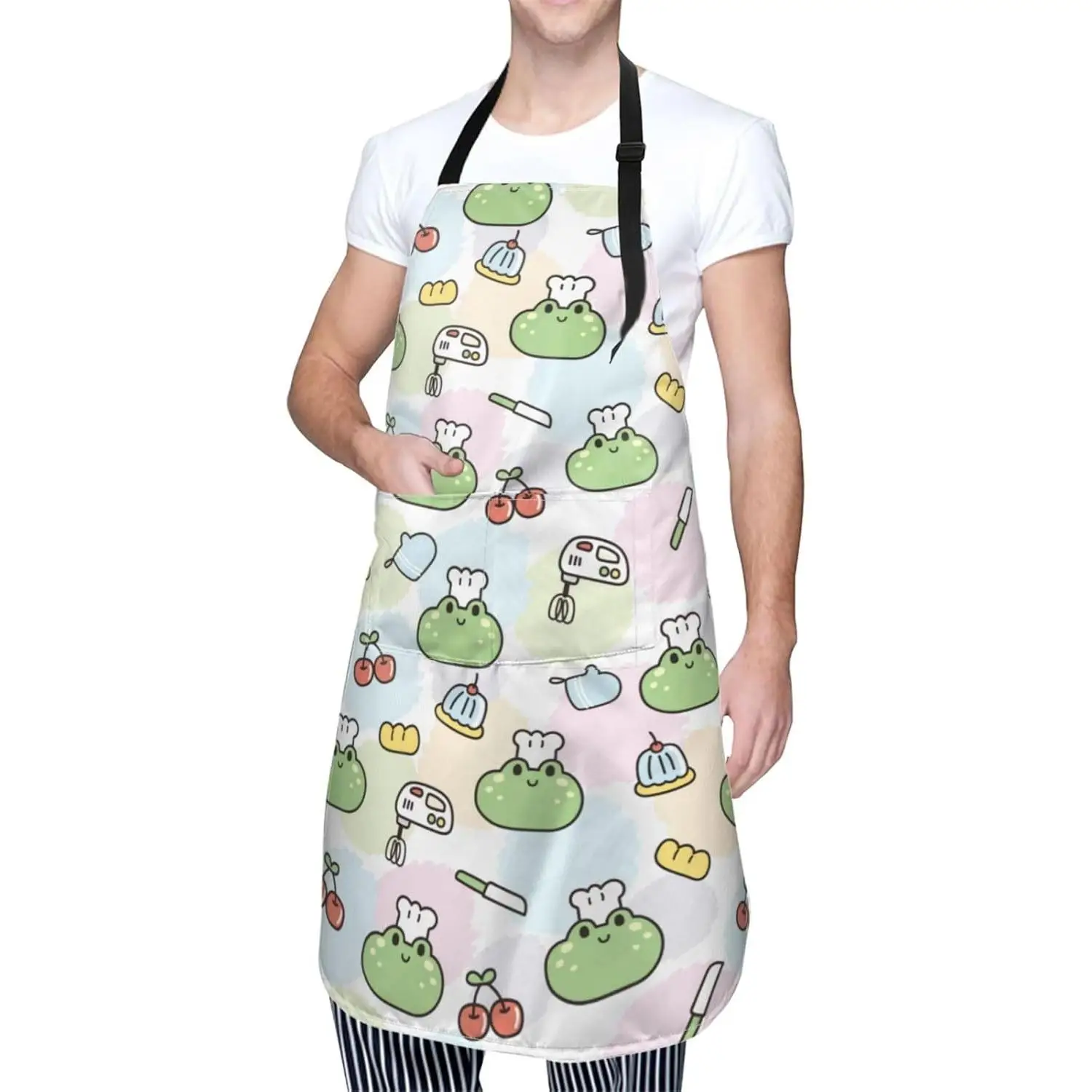

Frog Wear Chef Hat Print Apron With Pockets Kitchen Bib Waterproof Resistant Women Men Unisex Adjustable