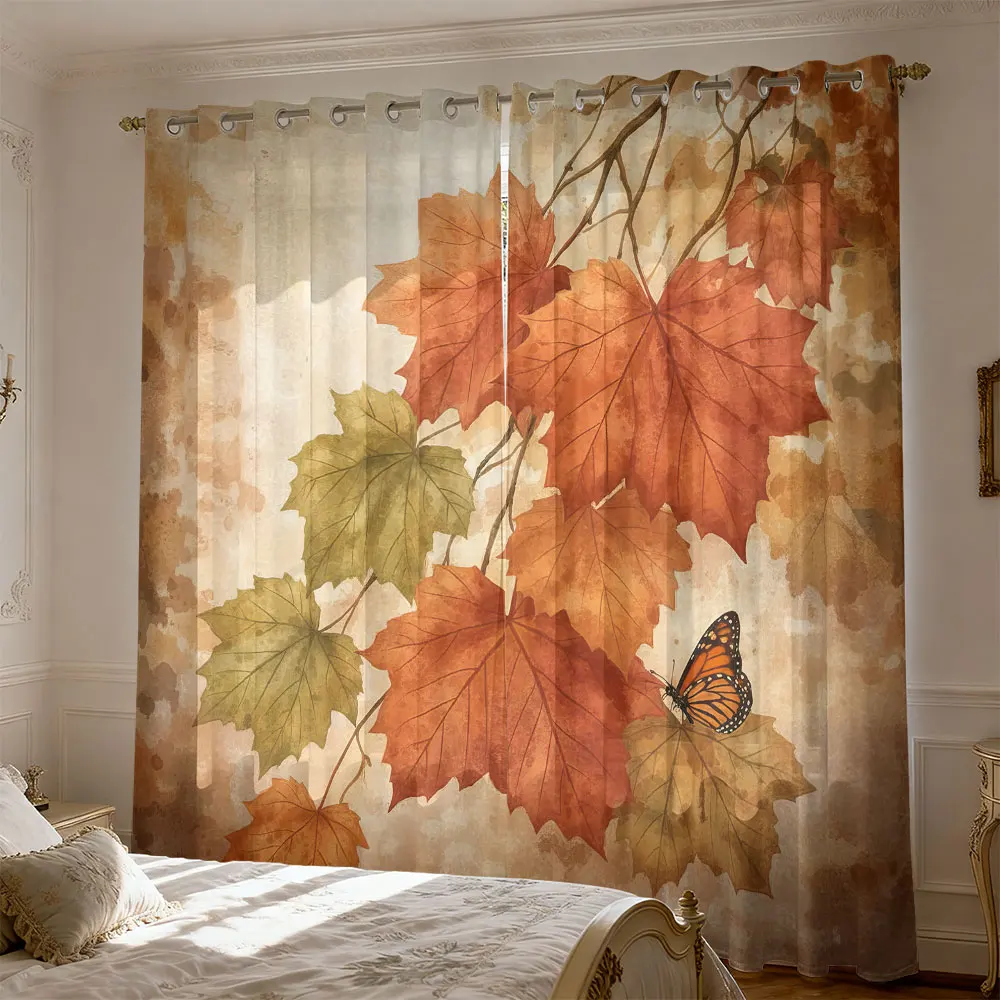 2pcs retro watercolor maple leaf butterfly curtainsr living room and bedroom blocking light