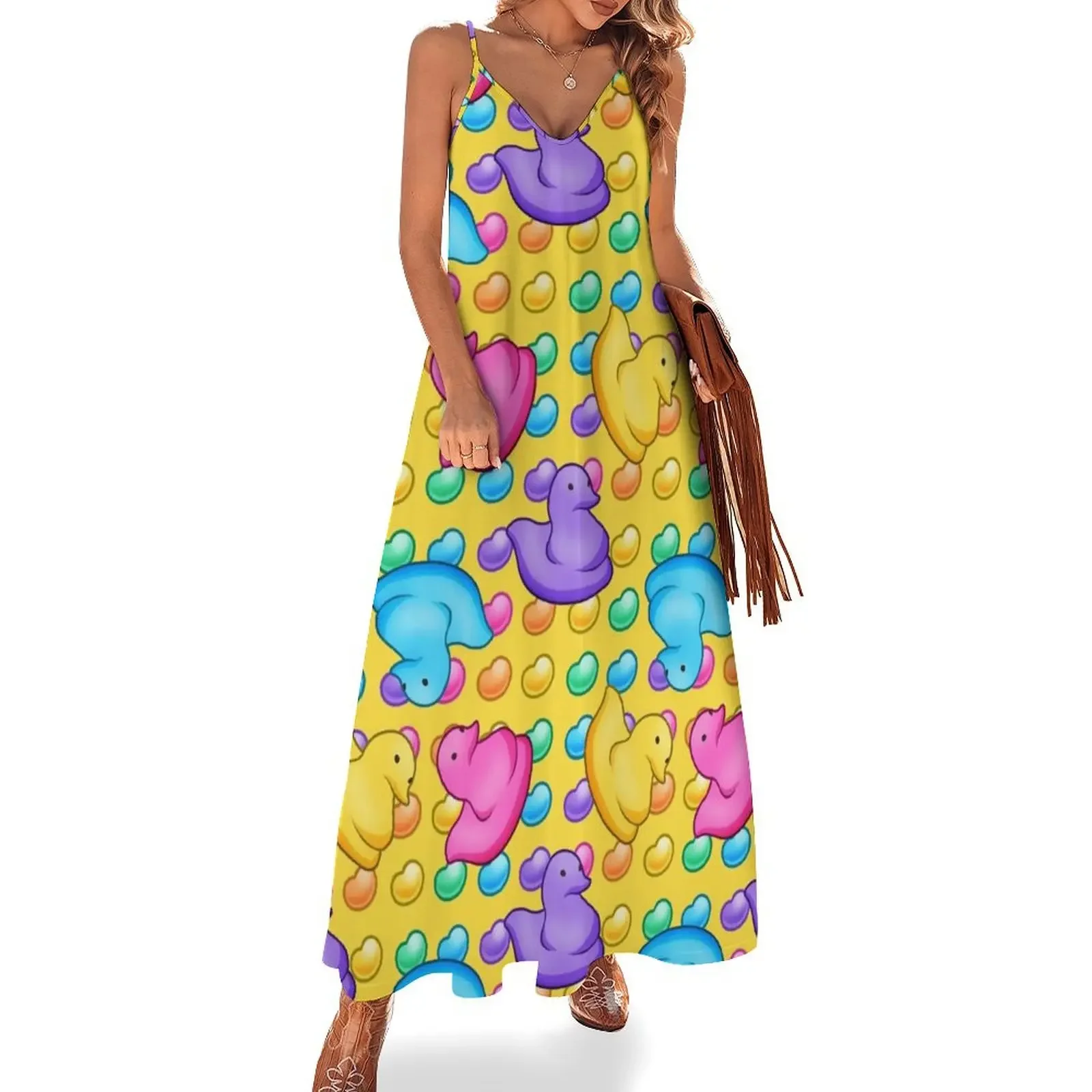 

Marshmallow Peeps w/ Rainbow Jelly Beans on Yellow - Easter Peep Chick Sleeveless Dress Womens dresses Dresses gala Dress