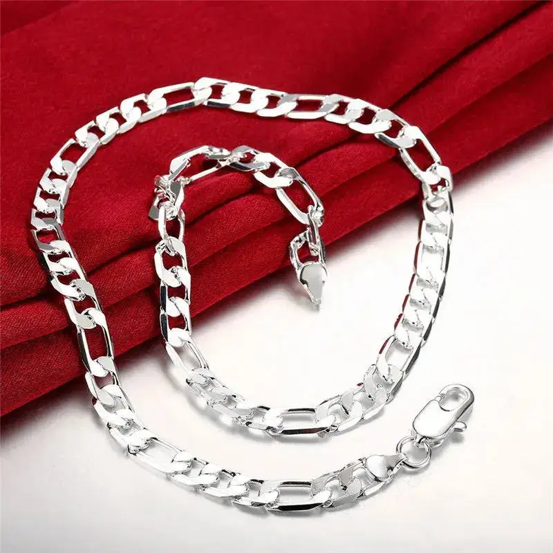 Man 925 Sterling Silver 2pcs 8mm 45-60cm Figaro Chain Necklace Set Ladies Charm Fashion Wedding Jewelry Necklace Accessories Set