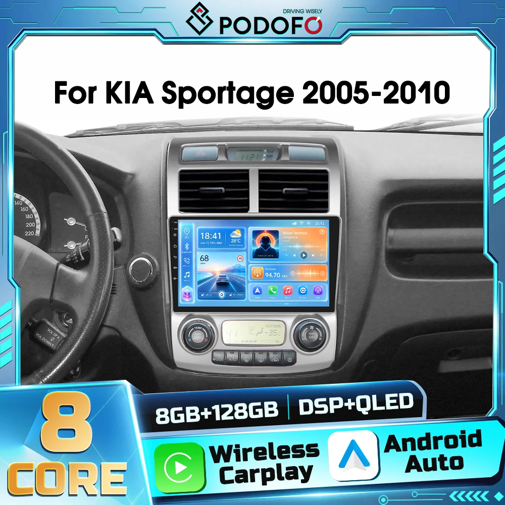 Podofo, lettore multimediale per auto Android 2DIN con controllo vocale tramite AI, compatibile con KIA Sportage 2005-2010, dotato di Android Auto, DSP, WIFI, navigazione GPS, Bluetooth, CarPlay