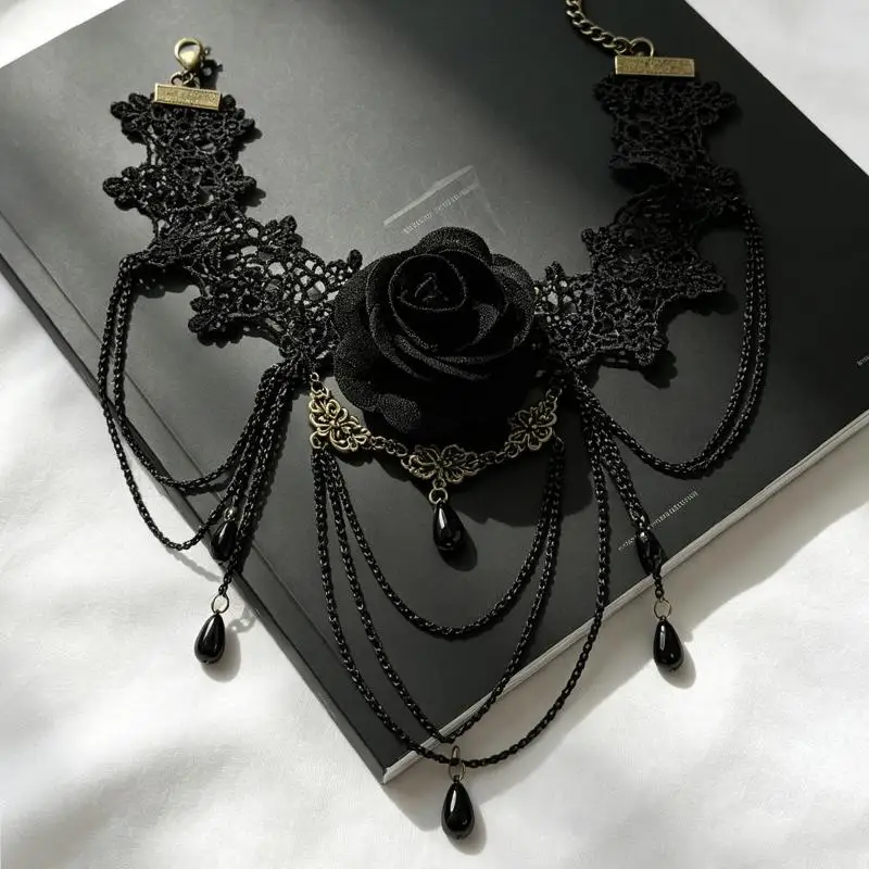 Neue Sexy Gothic Choker Kristall Schwarze Spitze Halskette Vintage Damen Choker Steampunk Schmuck – Detail 9