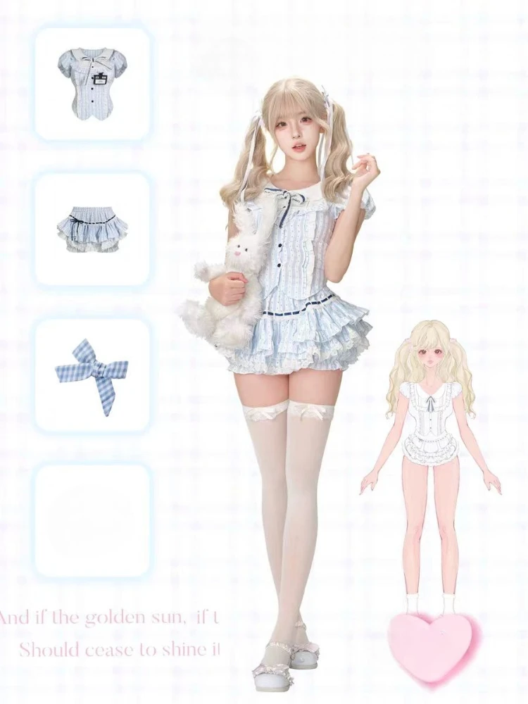 Summer Sweet Kawaii Bow Blouse + Lace Mini Skirt Set Women New Y2K Doll Collar Polka Dot Two Piece Outfit Japanese Fahion Chic