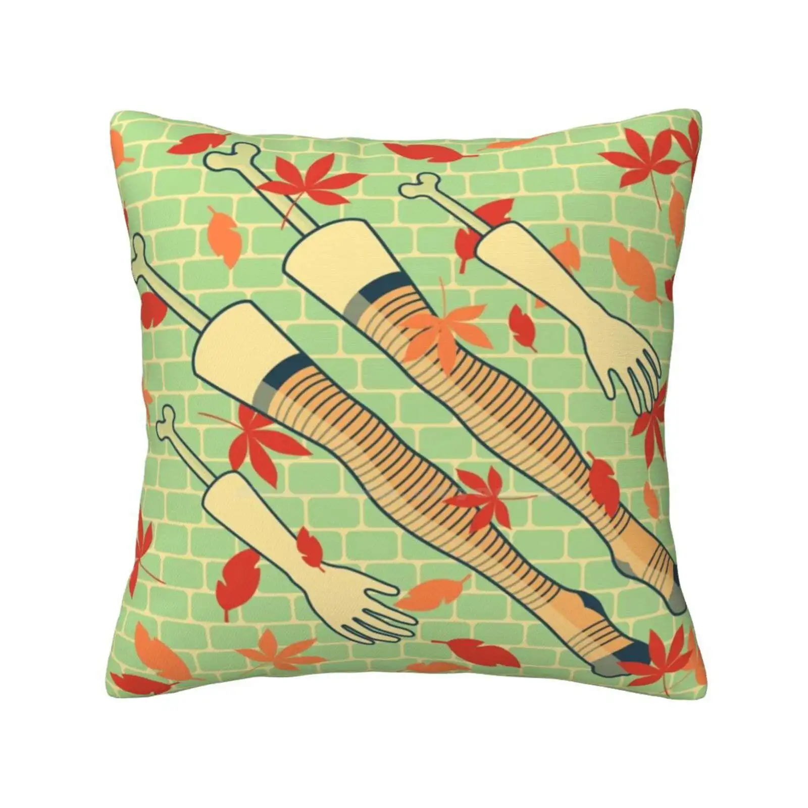 Sonbahar (aşık) komik sevimli dekor kare yastık bacaklar sonbahar kemikleri bırakır tuğla duvar zemin eller çizgili ayaklar Freshinkstain