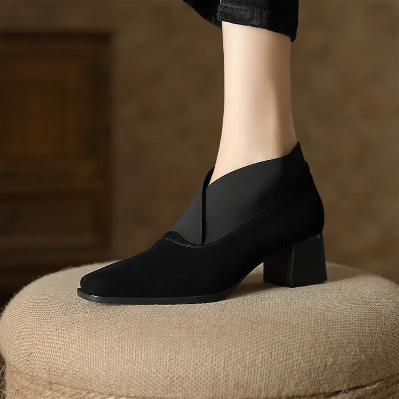 Hot New Spring Sheep Suede Women Shoes Square Toe Women Pumps Shoes for Women Chunky Heels Deep Mouth Loafers Zapatos Mujer