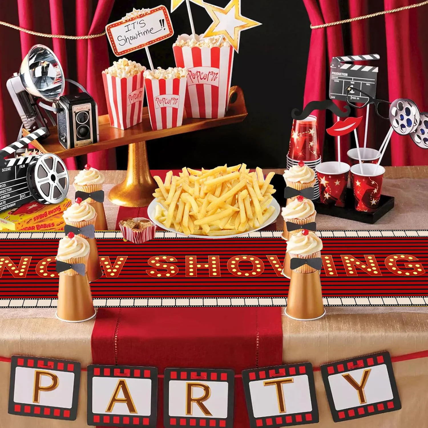 VIP Filmthemen-Geburtstagshintergrund-Set: Filmklappe, Requisiten, Kartenspiel, Party-Deko, Banner für Filmfans – Detail 4