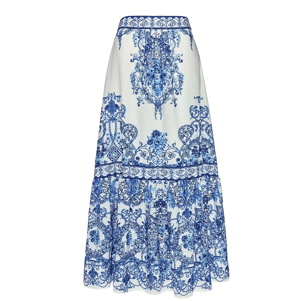 Bañador y falda de porcelana azul y blanca para mujer, traje de baño de lujo, ropa de playa para vacaciones, 2024
