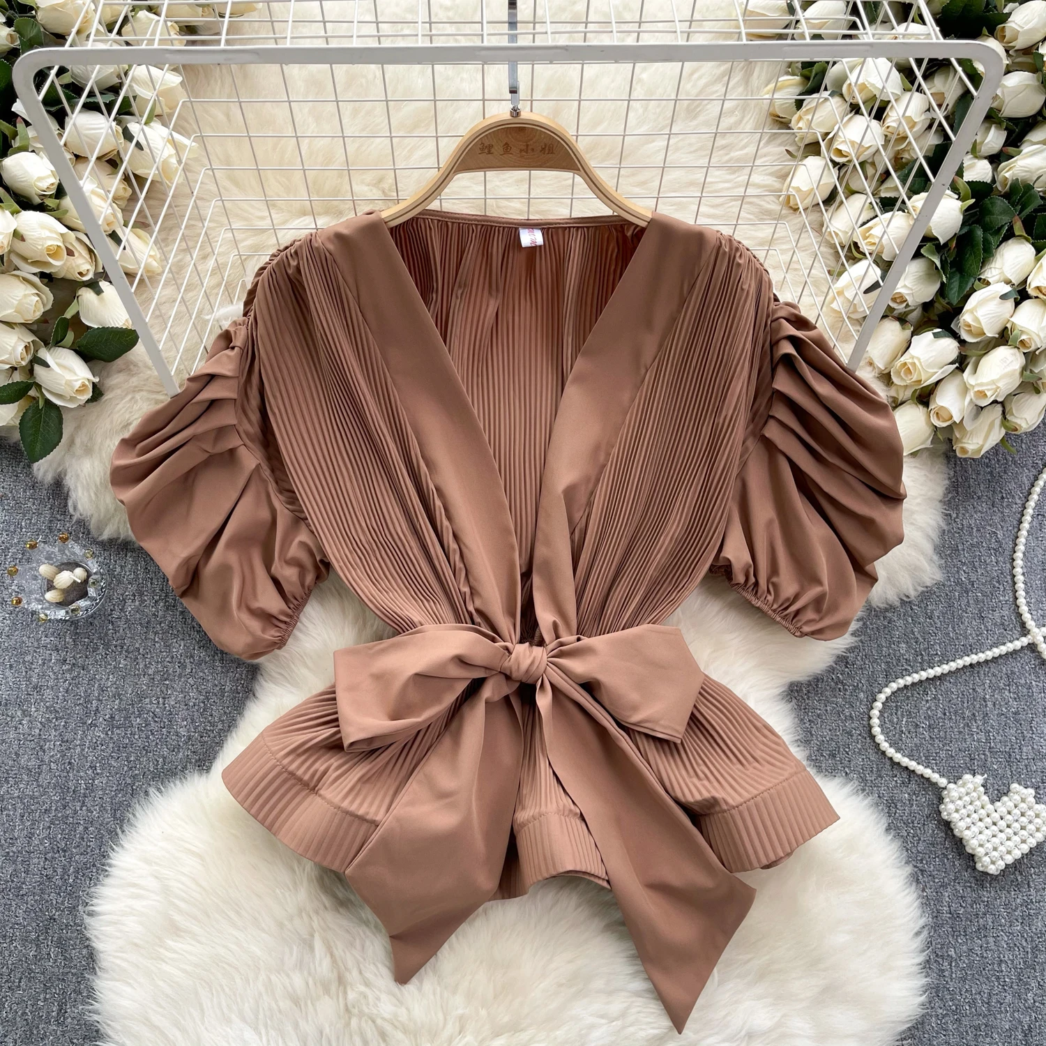 Chic Sweet Ruffle Pleated Puff Long Sleeve V Neck Bow Blouse Elegant French Fashion Sexy Shirt Spring Autumn Women Top