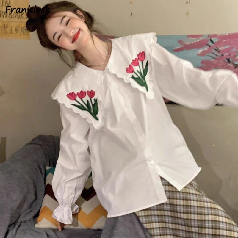 Floral Shirts Women Tops Peter Pan Collar Harajuku Cute Spring Long Sleeve Sweet Preppy Casual Loose All-match Chic New Arrival