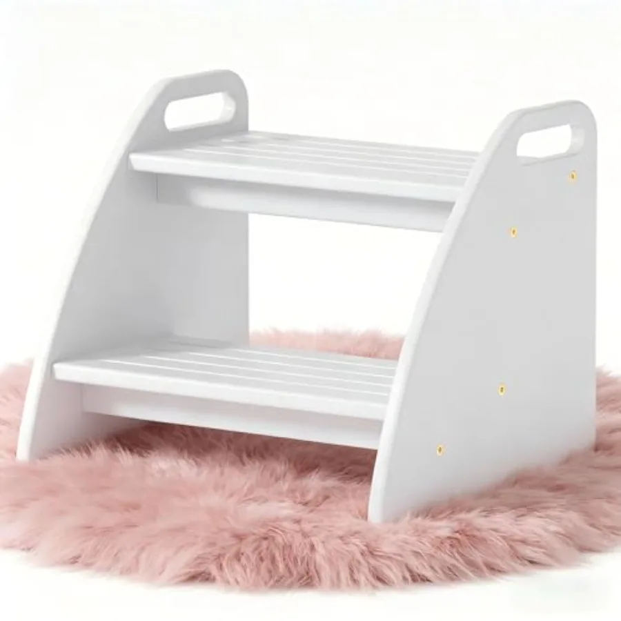 Bamboo 2 Step Stool 300lbs Capacity Wooden Two Step Stool with Non-Slip Handles Heavy Duty Stepping Stool for Bedside High Beds