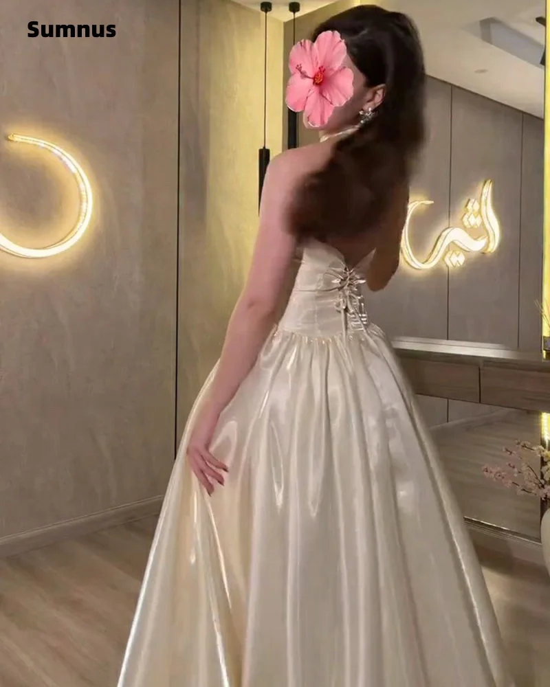 Sumnus Elegant A-Line Prom Dresses Ivory Silk Satin Halter Ruffle Draped Maxi Women Evening Dress vestidos gala Customized image 2