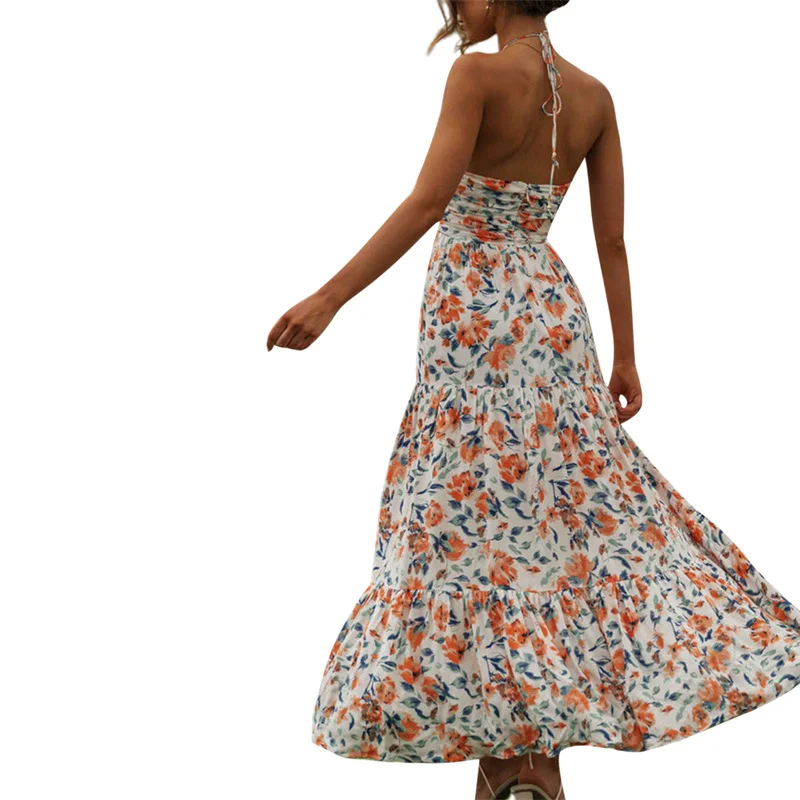 Vestido largo bohemio con estampado Floral para mujer, traje de verano con cuello Halter fruncido, Espalda descubierta, cintura alta, dobladillo con volantes, fiesta y playa