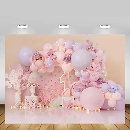 

AIBIIN 1st Birthday Girl Photography Backdrop Pink Flowers Butterfly Balloons Cake Topper Pastel Portrait Banner Studio Props