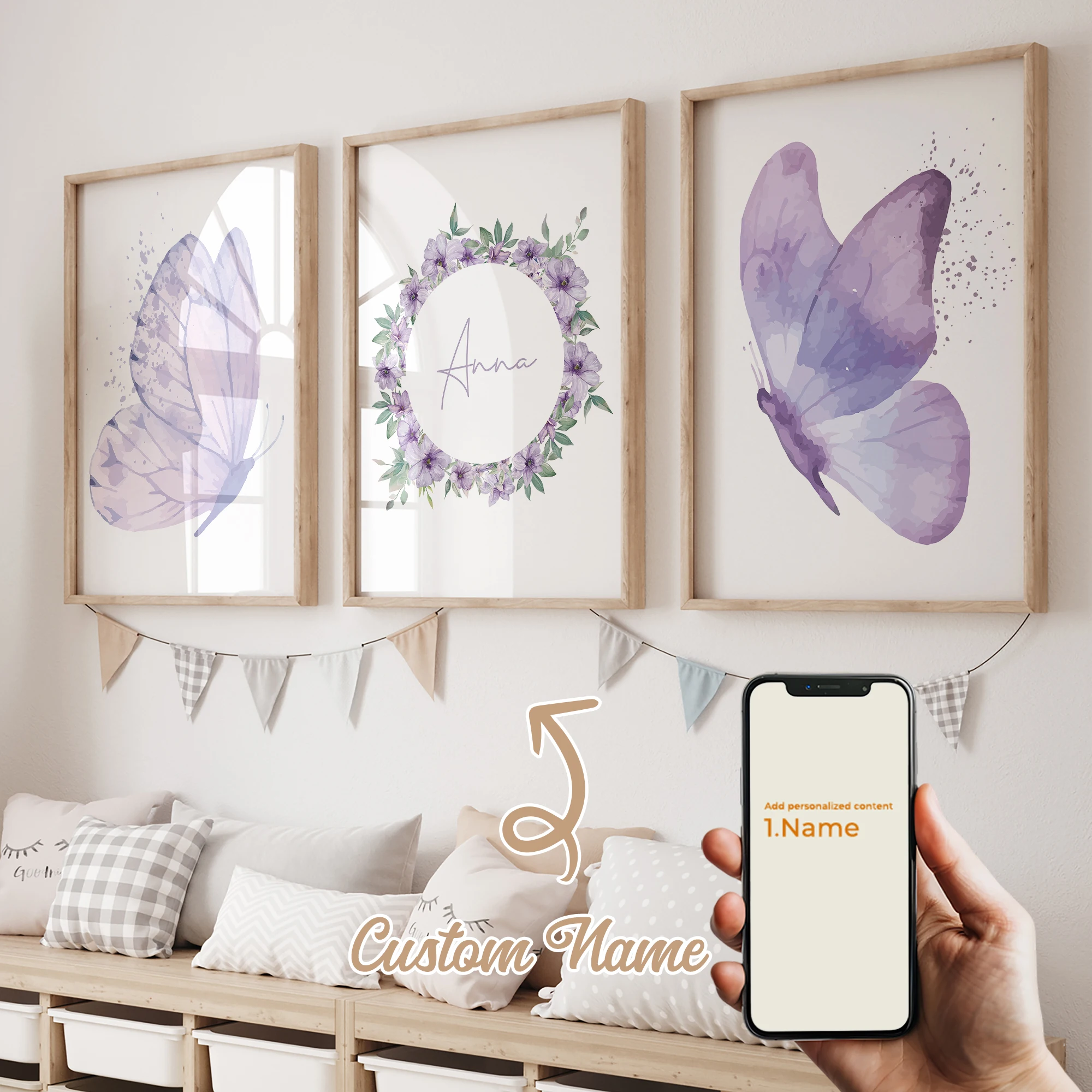 3-teiliges Personalisiertes Wandbild mit Lila Schmetterlingen, Leinwanddruck, Poster, Gemälde für Wohnzimmer-Dekoration