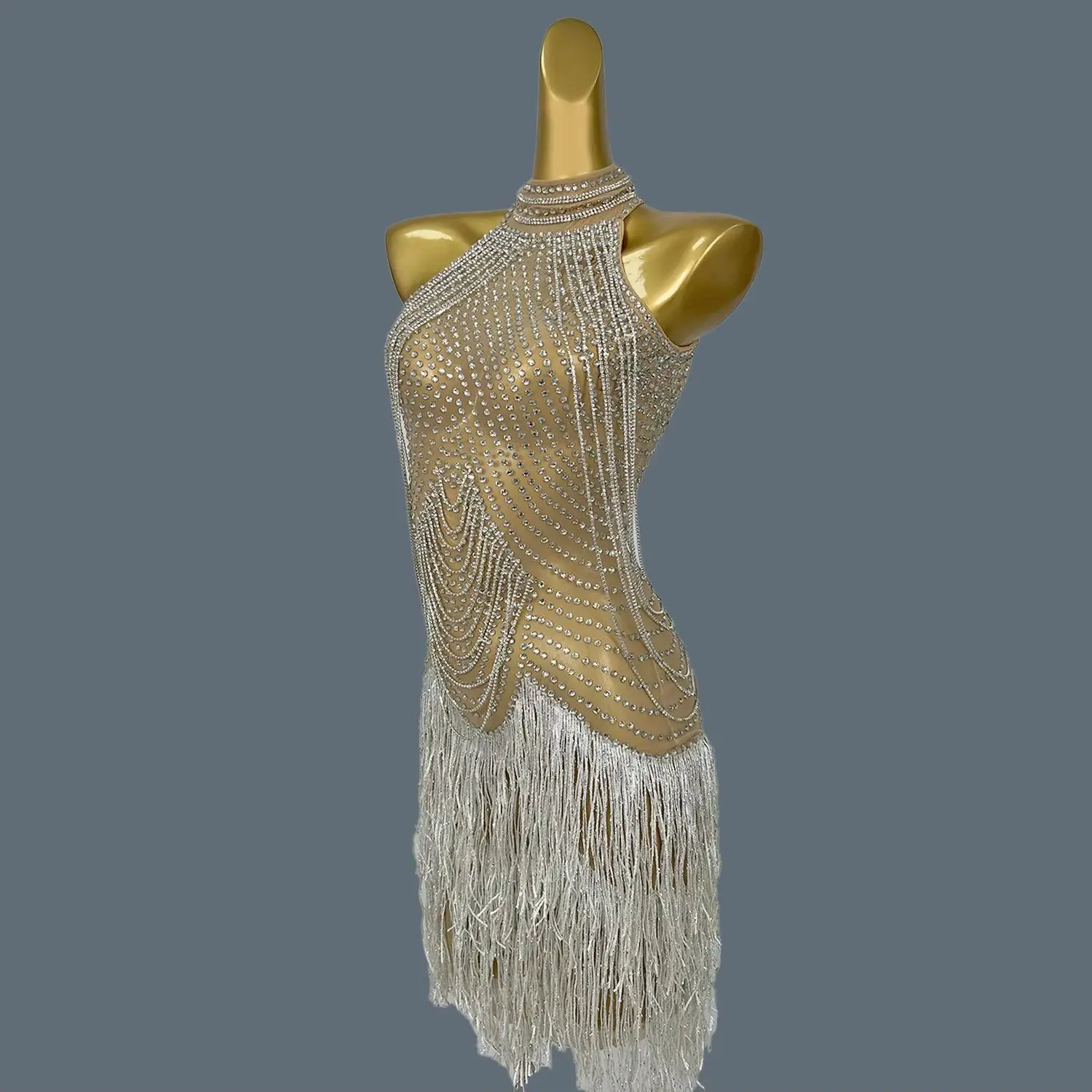 Sparkly Rhinestones Sheer Mesh Sequins Fringes Mini Dress for Women Sexy Performance Dance Costume Photo Shoot Wear Wanyueliusu