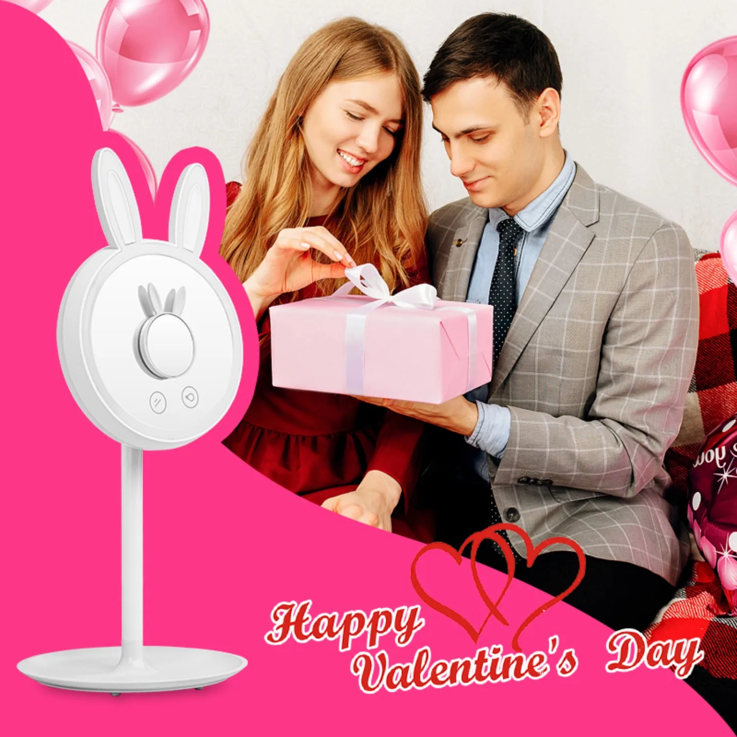 กระจกแต่งหน้า LED รูปกระต่ายสำหรับผู้หญิง - ปรับความสว่างได้ 3 ระดับ, มีไฟส่องด้านหลัง & 180 °   หมุนได้ - ชาร์จซ้ำได้ พร้อมกระจกแม่เหล็กขนาดเล็ก