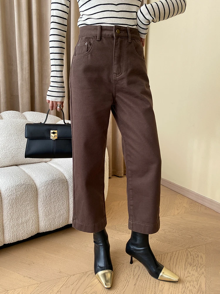 

High Waist Beige Thick With Velvet Wide Leg Ankle Length Jeans New Women Trousers Fashion Tide Autumn Winter O632