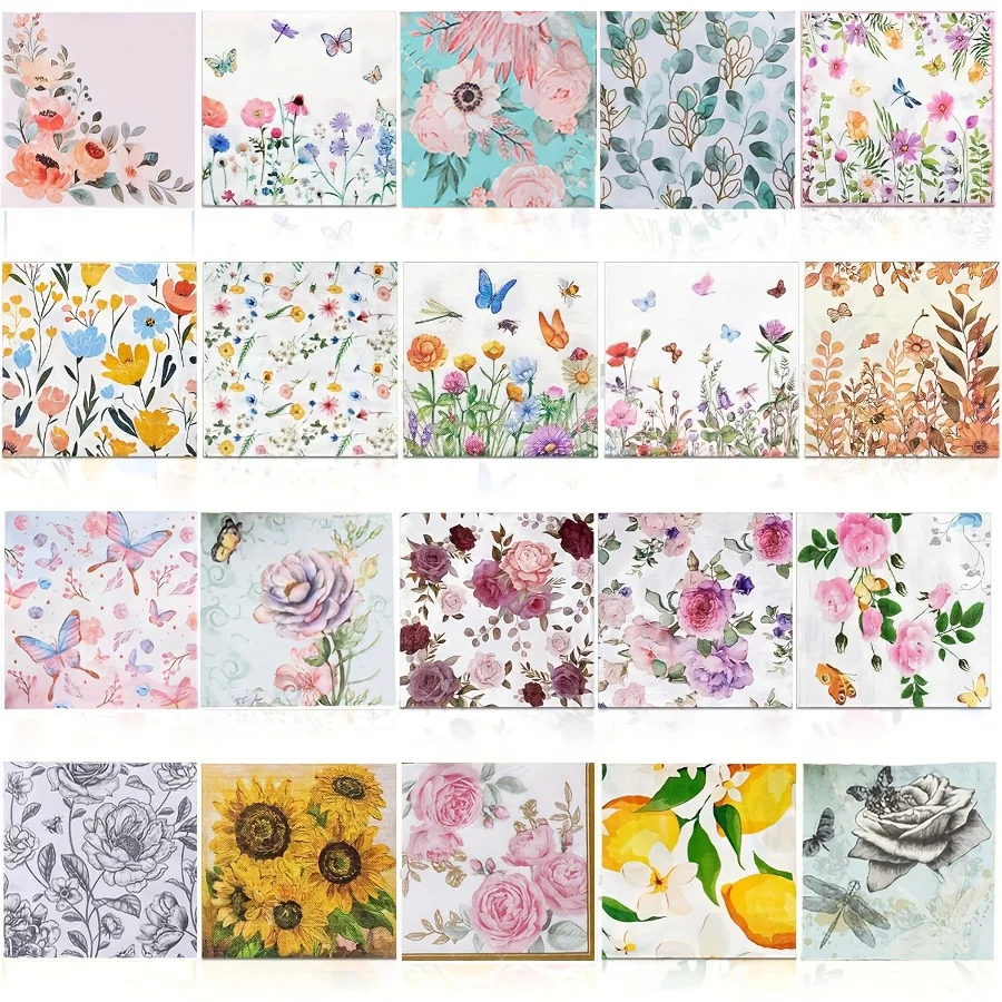 Serviettes en papier à découper à l'aquarelle, 20 pièces, imprimé fleurs de tournesol et papillon, tissu jetable pour bricolage, artisanat, décoration de table pour fête du thé