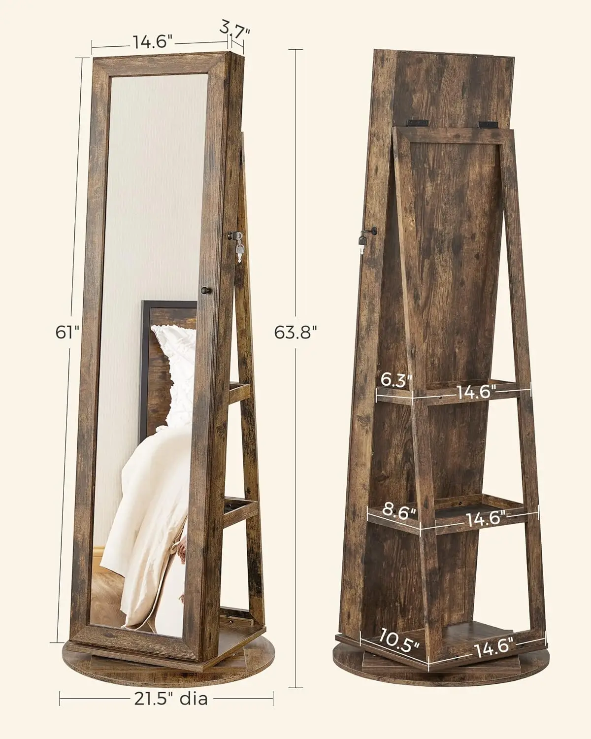 Armoire à bijoux verrouillable avec miroir pleine longueur, étagères de rangement arrière, miroir intérieur, armoire à bijoux à rotation 360 °