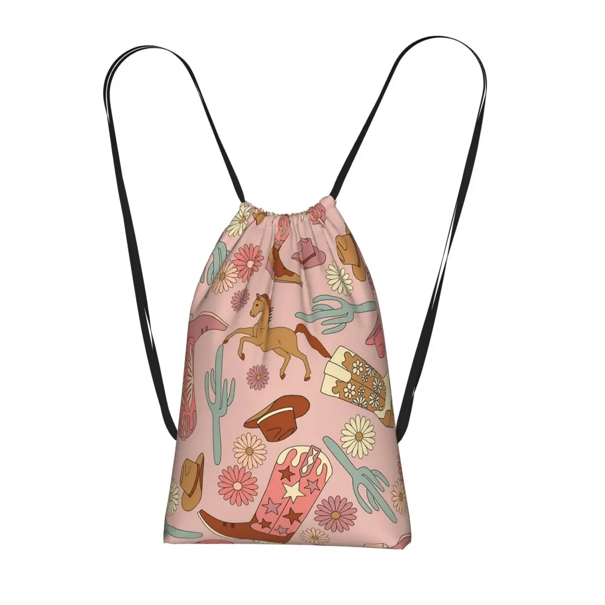 

Western Cowboy Cactus Cow Head Floral Backpacks Portable Drawstring Bundle Pocket Sports Bag Book Bags for Man Woman Students