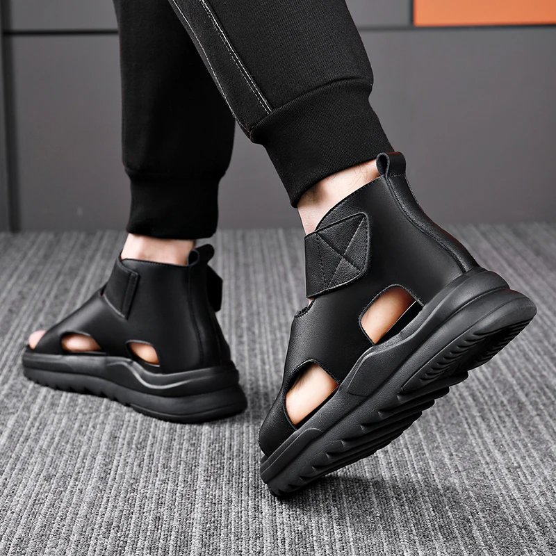 Sandals Genuine Leather Summer Height Increase Roman High Top Thick Sole Trendy Outwear Soft Breathable Beach Shoes Men's Style