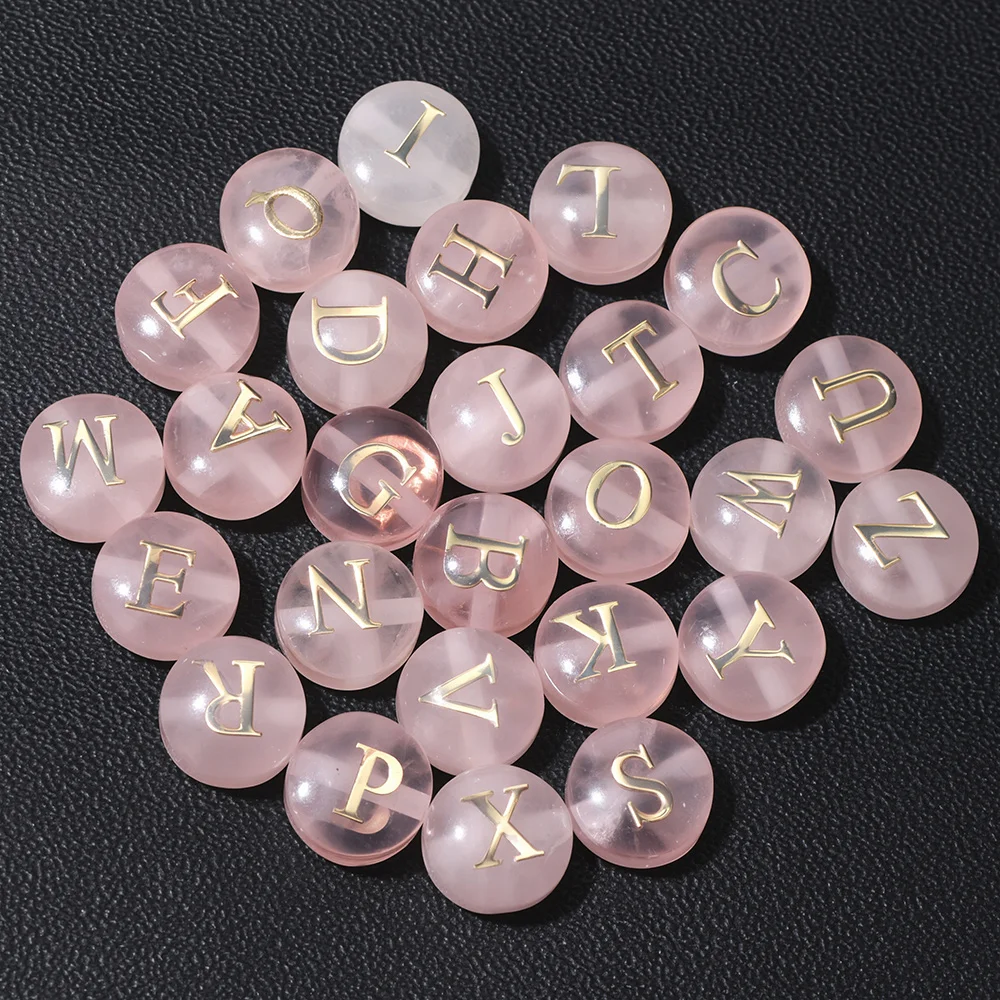5pcs Cross hole Natural Rose Pink Quartz Stone Alphabet Bead 8mm Round Charms 26 Letter A-Z Beads For DIY Necklace Bracelet Acce view 2