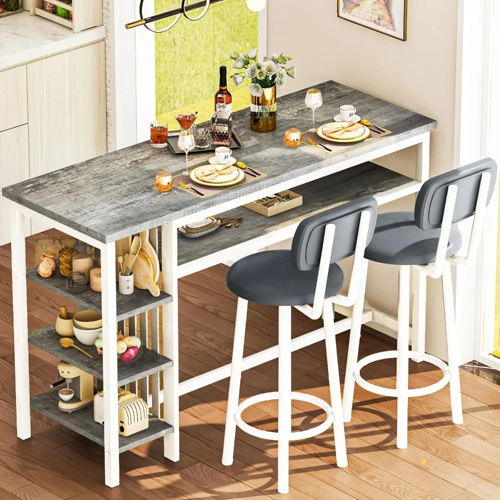 

Bar Table and Chairs Set of 2, Farmhouse Counter Height Pub Set for 2 Dining Table Set with Storage and Stools Island Table