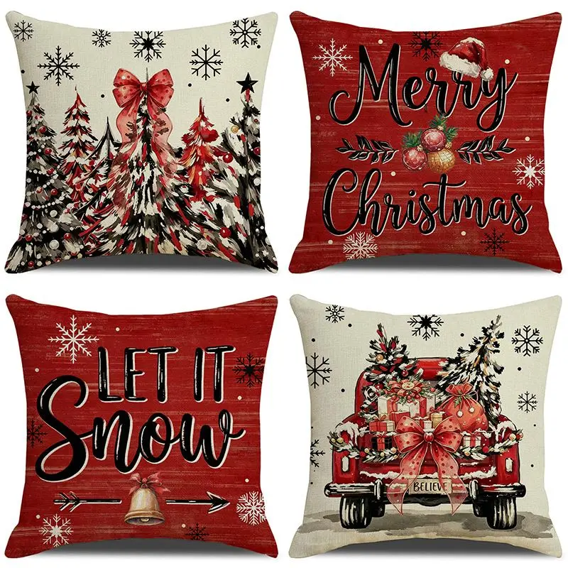 VIKAMA Christmas Cushion Cover Vintage Red Truck Xmas Tree Snowflake Print Throw Pillow Cover Sofa Holiday Home Decor