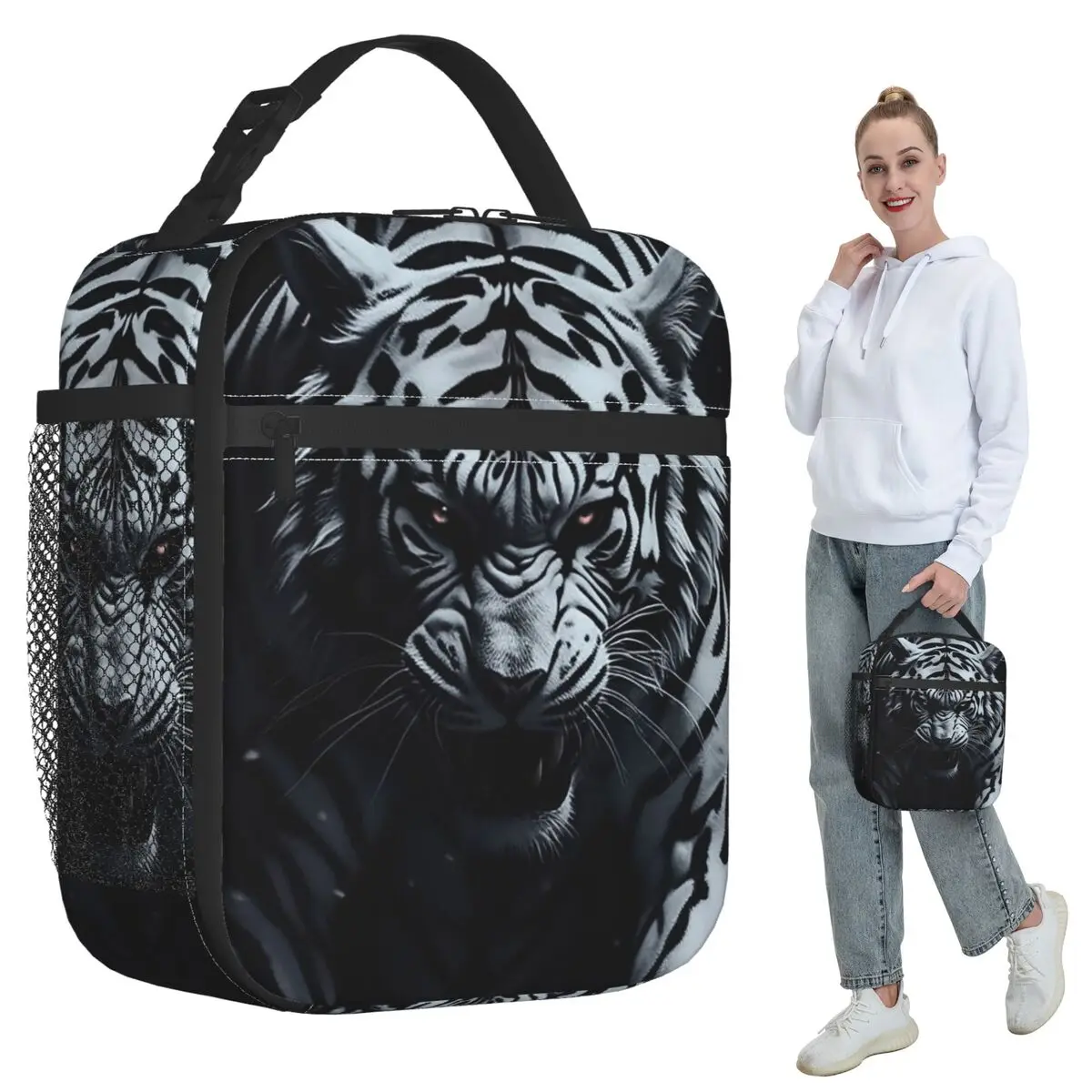 

Черно-белая термосумка для обедов Black White Mighty Wild Tiger для женщин, офисная термосумка-холодильник для еды, портативный контейнер для обедов