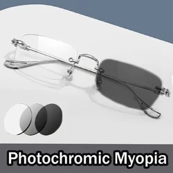 Stylish Rectangular Rimless Photochromic Glasses Ladies Luxury Transparent Myopia Eyeglasses Men Women Color Changing Eyewear