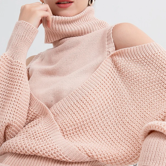 Autumn and Winter Turtleneck Off-shoulder Sweater Elegant Fashion Knitted Double-layer Long-sleeved Women's Clothing