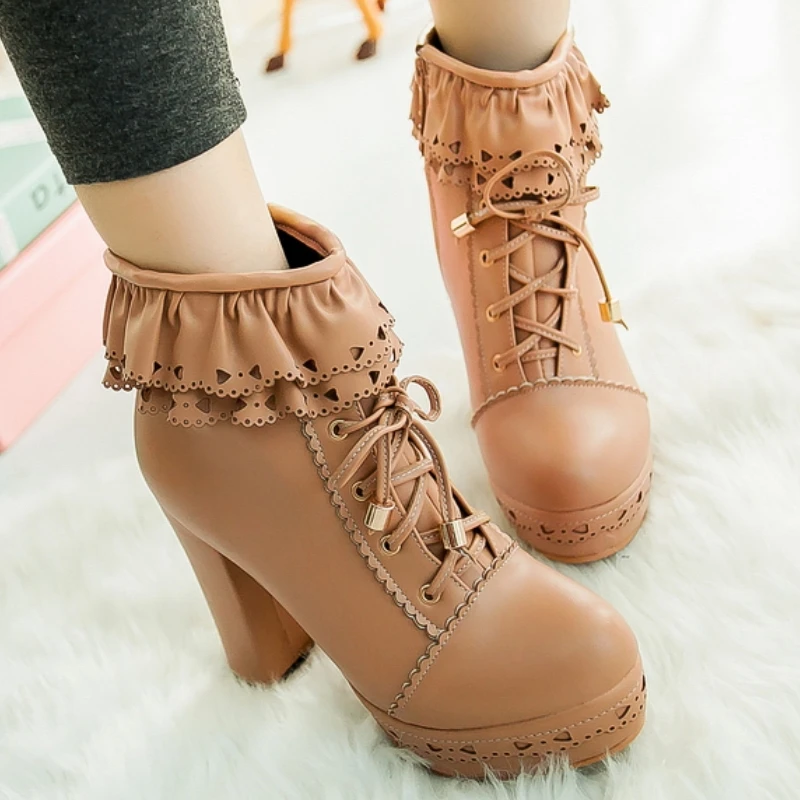 Autumn Winter Women\'s Ankle Boots Platform White Black Pink Sweet Short Boot Lace up Footwear Lolitas Shoes Girls Big Size 45
