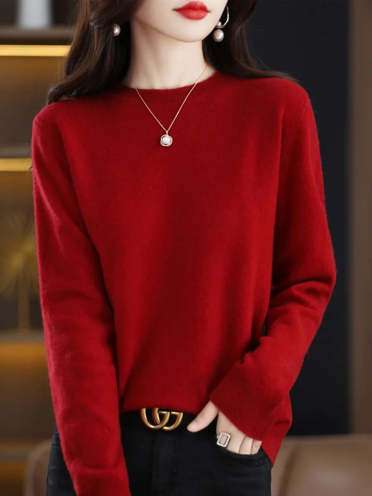 Women Wool Sweater O-neck 100% Merino Wool Knitwear Pullover Autumn Winter Long Sleeve Basic Grace Solid Comfortable Clothes Top
