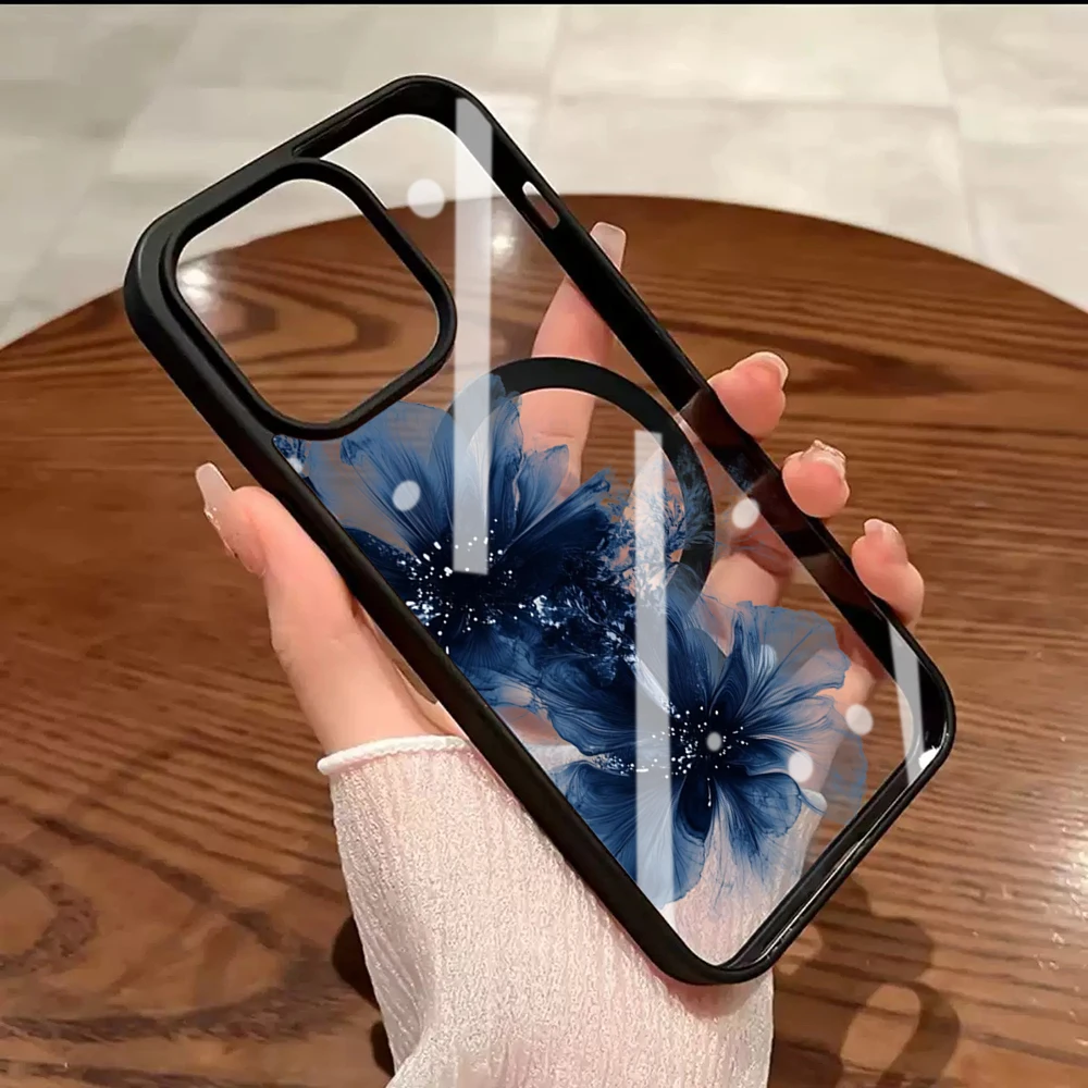 Tintenblaue Blumen-Transparenthülle für Magsafe iPhone 11 15 16 Pro Max 17 14 11 13 12 Pro Max Plus Hülle Magnetisches Kabelloses Laden Coque – Detail 6