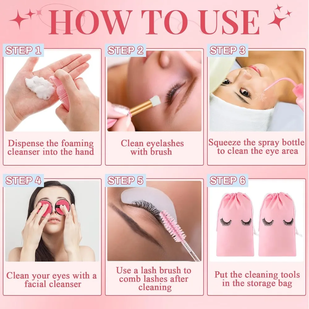 30/60Pcs Lash Shampoo Kit Lash Extension Brushes Mascara Wands Foam Pump Bottles Rinse Bottles Makeup Remover Pads Aftercare Bag