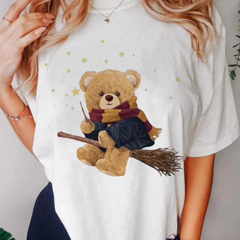 

Cartoon Women's Trendy Print 90s Fun Bear Pattern Clothing Casual Basic Short Sleeved O-Neck Women's Top Cute Style T-Shirt