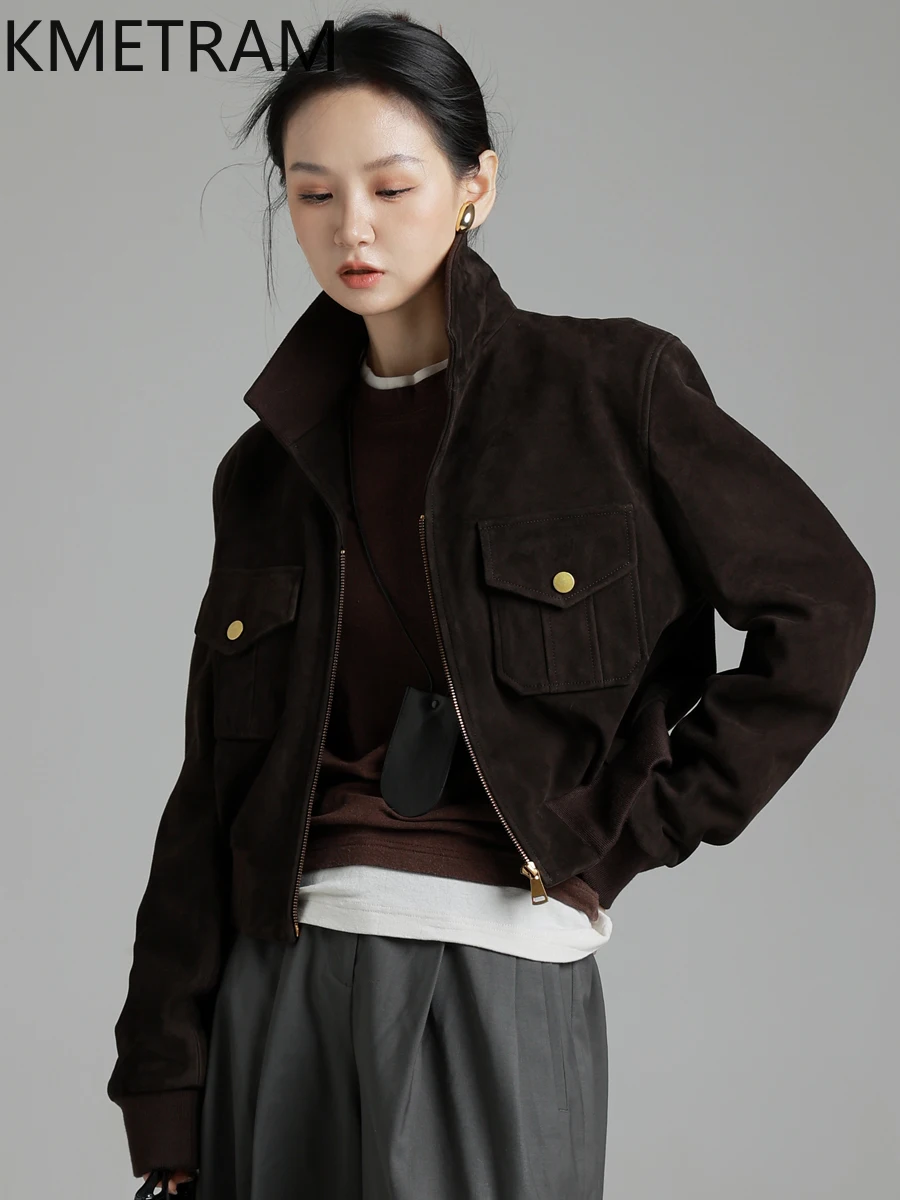 Kurtka ze skóry owczej KMETRAM 100% naturalna, prawdziwa skóra zamszowa, brązowa krótka kurtka, jesień, poduszki na ramiona, odzież damska 2025, пальто
