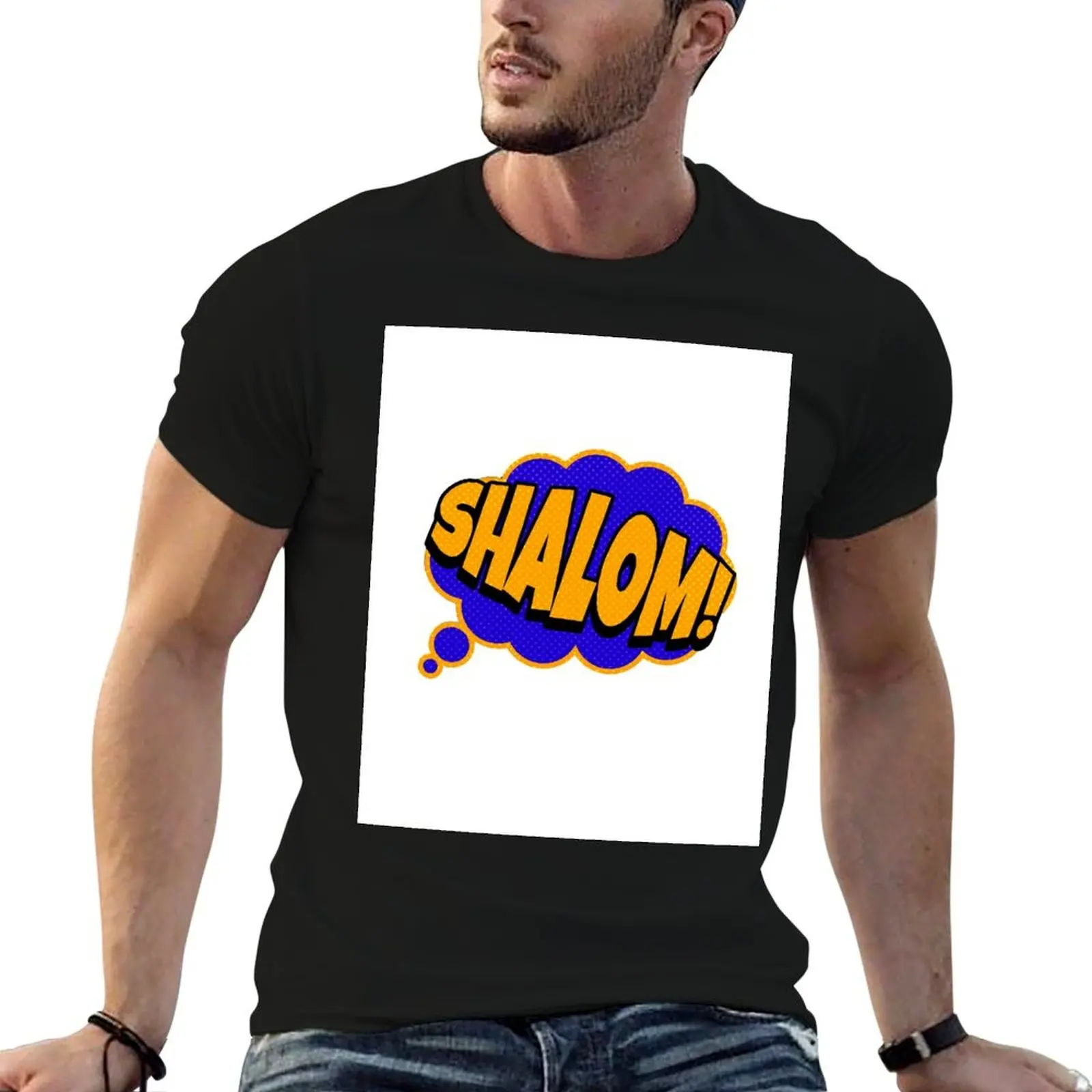 Camiseta Shalom em cores vibrantes com fonte em estilo de quadrinhos, camisetas personalizadas, camisetas de algodão 100% para homem, camiseta slim fit