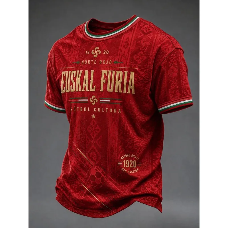 3D Euskal Furia Basque Culture Football Print Unisex Red Soccer Jersey Green White Trim Breathable Fans Casual Short Sleeve Tee
