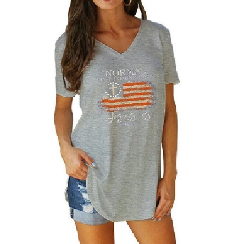 2024 Europe and the United States new summer women's plus size V-neck short-sleeved T-shirt loose casual printing arc