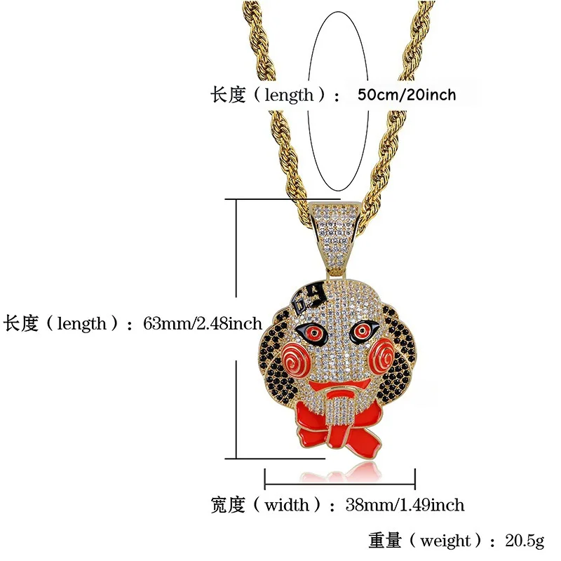 Iced Out Billy Puppet Pendant Micro Pave CZ Stone Gold Plated Horror Movie Saw Character Necklace Hip Hop Rapper Bling Jewelry