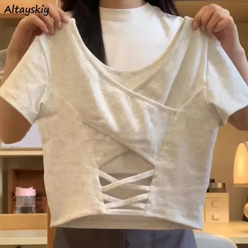 Solid Pullovers Women Summer Girls With Chest Pad Simple Causal Backless Criss-cross Designed Korean Style Personality Trendy