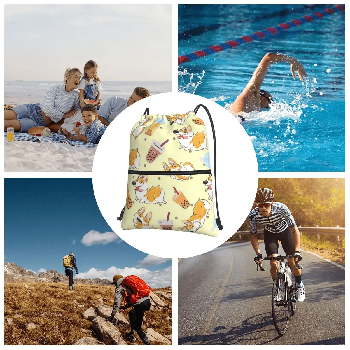 Corgi And Bubble Tea-mochila portátil con cordón para hombre y mujer, bolsa con cordón de moda, bolsa de artículos diversos de bolsillo para viajes, deporte