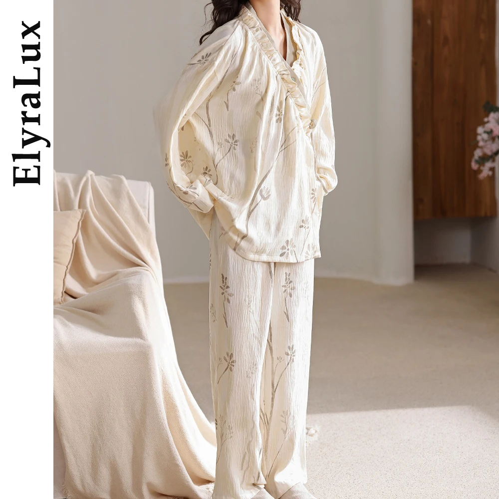 

ElyraLux женский элегантный пижамный комплект с цветочным принтом, топ с длинными рукавами и рюшами, свободная одежда для сна, мягкая домашняя одежда, домашняя одежда