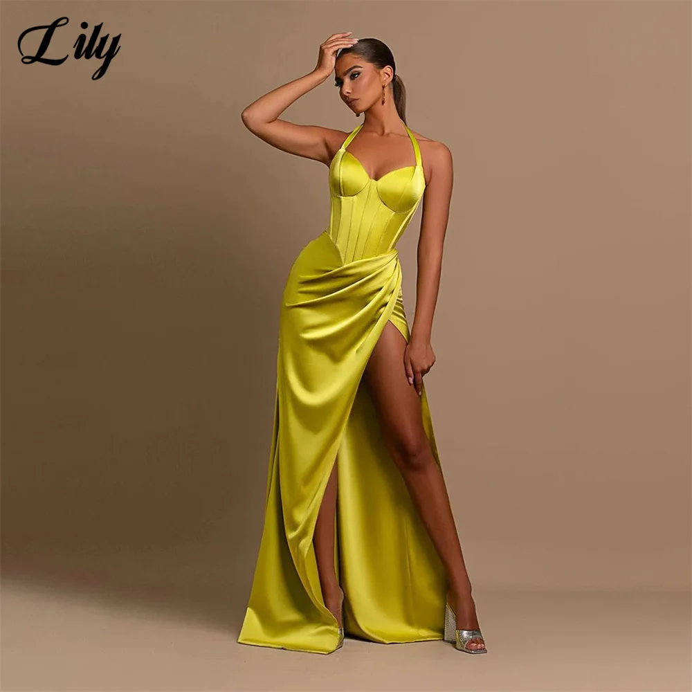 Lily Yellow Halter Prom Dresses High Split Evening Dresses For Wedding Stain Sleeveless Party Dresses Floor Length robe soirée