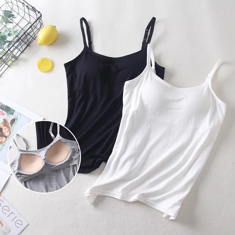 2020 Women Solid Tank Tops Adjustable Strap Built In Cup Padded Wireless Camisole Camis Vest Female Home Basic Tank Top